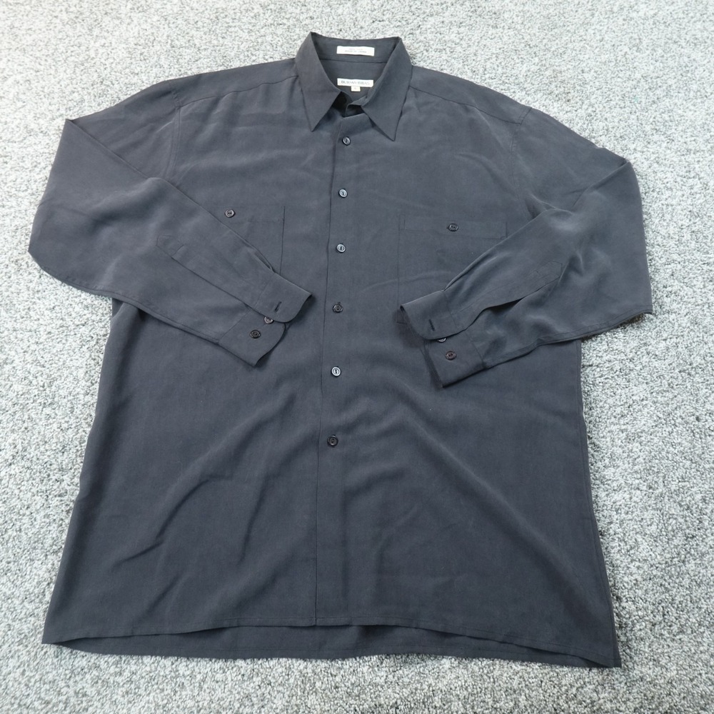 Burma Bibas Shirt Mens L Black Gray 100% Silk Button Up Long Sleeve Casual Camp